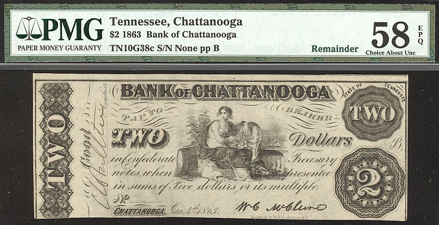 Chattanooga, TN, 1863 $2 Bank of Chattanooga, vChAU, PMG-58